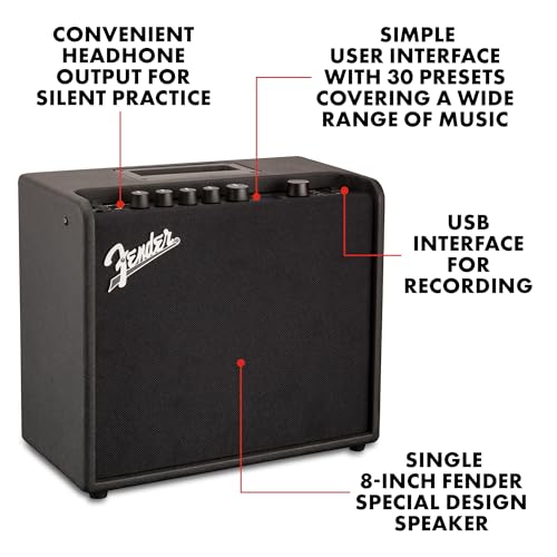 Fender Mustang LT25 Guitar Amplifier, 25-Watt Combo Amp with 8" Speaker | 25 Watt Digital Modeling Combo Amp with 8 Speaker, 30 Presets, Color Display, USB and Headphone Output