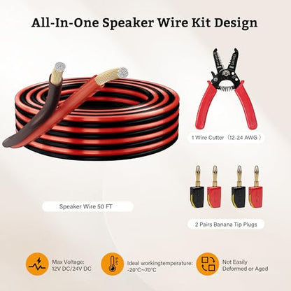 16AWG Speaker Wire 50 FT, 16/2 Gauge Audio Speaker Wire Kits with Cable Cutter Banana Plugs Tool, Polarity Marker, 2 Conductors Zipper Wire for Car Speakers Stereo, Home Theater, Surround Sound,CCA - size: 50 FT, style: 16 AWG