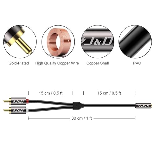J&D RCA to Aux Adapeter RCA to 3.5mm Female Cable, RCA Cable Gold Plated Copper Shell Heavy Duty 3.5mm Female to 2 RCA Male Stereo Audio Adapter Cable (1 Feet, 2 Pack)