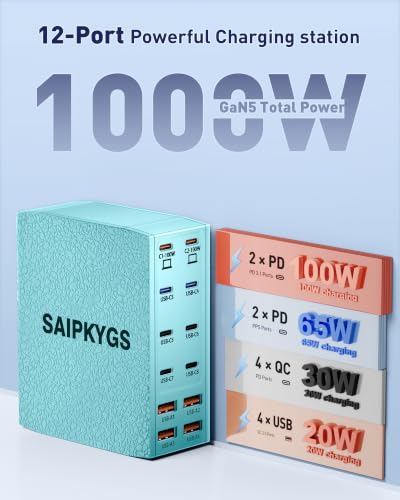 1000W USB Charging Station,12-Port USB C Charger Block with Dual 100W PD | USB-C Fast Charging Station Hub for MacBook Pro/Air/All iPad Phone 17/16 15/14/13/Pro Max/Samsung Galaxy Note - color: Green