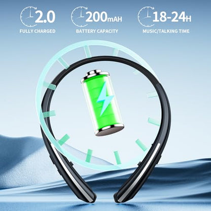Retractable Neckband Bluetooth Headphones, Wireless Stereo Earbuds with Mic, Bluetooth Headset Noise Cancelling, Vibration Alerts, IPX5 Sweatproof, Sports, Workouts & Driving (Black)