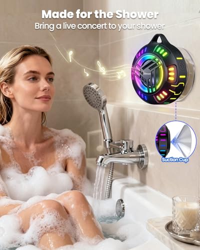 JTEMAN Shower Speaker Bluetooth Waterproof Portable,IPX7 Waterproof Outdoor Speaker with 7 LED Light Modes, Suction Cup & Carabiner, Floating Wireless Speaker for Pool, Beach, Kayak,Unisex Gifts
