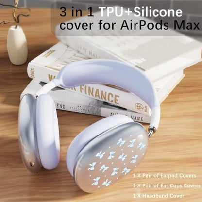 Silicone Case Cover for AirPods Max Headphones, Clear Blue Bows Soft TPU Ear Cups Cover/Ear Pad Case Cover/Headband Cover for AirPods Max (2024/2020), Blue - color: Blue Bow_B/Blue