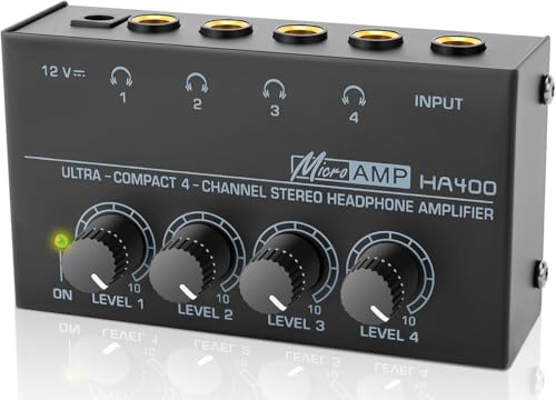 Headphone Amplifier, HA400 4-Channel Metal Stereo Audio Amplifier, Mini Earphone Splitter with DC 12V Power Adapter, HA400d1 for Sound Mixer PC Guitar Studio Stage - style: HA400