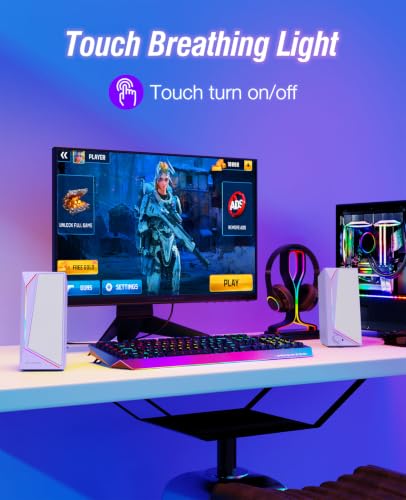 LENRUE Computer Speakers, USB/USB-C Powered AUX Audio for PC Speakers with Loud Stereo Sound, Headphone-in, Touch Lights for Desktop, Computer, Laptop, Desk（USB-C to USB Adapter Included - color: Purple