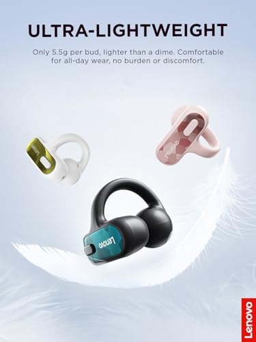 Lenovo Open Ear Clip On Earbuds X500 Bluetooth 6.0 Wireless Earbuds with 11 mm Drivers, Open Ear Ergonomic Design, Dual Device Connectivity, Built in Mic, Fast Charge, White - color: White