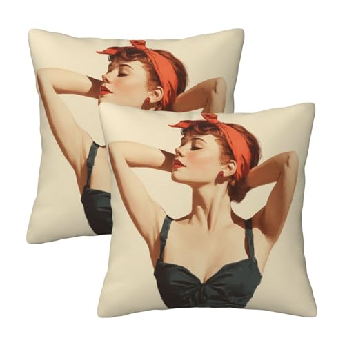 Retro Woman Red Headband Big Bow Throw Pillows Covers, Couch Sofa Pillow Cases,Zipper Bedding Cushion Cases for Living Room,18x18 Inch