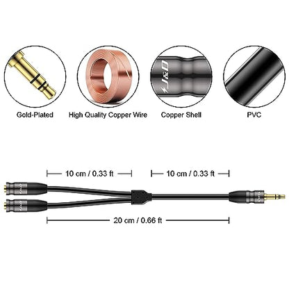 J&D Headphone Splitter 3.5 mm Audio Stereo Y Splitter Cable, 1/8 inch TRS Male to Dual 1/8 inch TRS Female Headphone Jack Adapter Aux Extension Cable for Phone/PS4/Switch/Tablet, 0.65 ft - size: 0.65 Feet