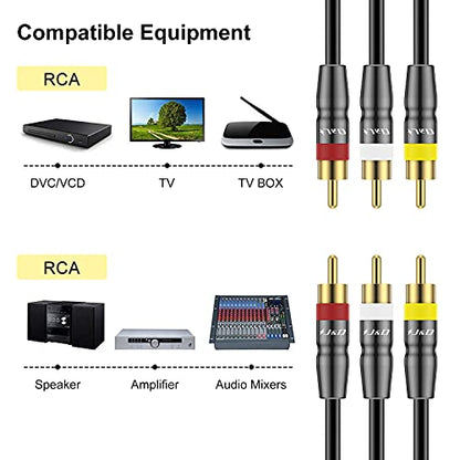 J&D 3RCA Male to Male 3 Feet Cable, Gold Plated Connectors, Heavy Duty Copper Shell, Ideal for Home Entertainment Systems, DVD, VCR, HD TV and Other 3RCA Enabled Devices - size: 3 Feet