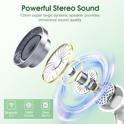 Wireless Earbuds, 2025 Bluetooth Headphones 5.3 HiFi Stereo Earphones, 40H Playtime in-Ear Earbud, Bluetooth Earbud with LED Power Display, IP7 Waterproof Earphones Sport Headset for Android iOS - color: Green