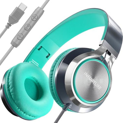 INFURTURE USB C Headphone for School & Adults Over-Ear Headphone with Mic | No Charging. Plug & Play. Crisp Calls. Lightweight Comfort. Tangle-Free Cable. Ideal for Students & Frequent Travellers - color: Green