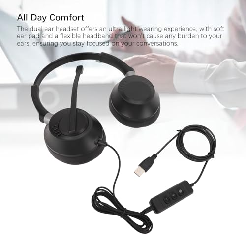 Phone Headset, Dual Ear Call Center Headset with Microphone, Noise Canceling, USB to USB C Adapter, for Office, PC, Laptop