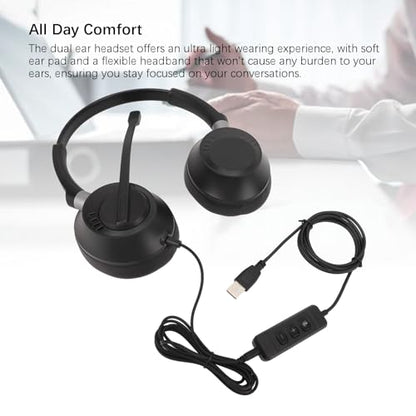 Phone Headset, Dual Ear Call Center Headset with Microphone, Noise Canceling, USB to USB C Adapter, for Office, PC, Laptop