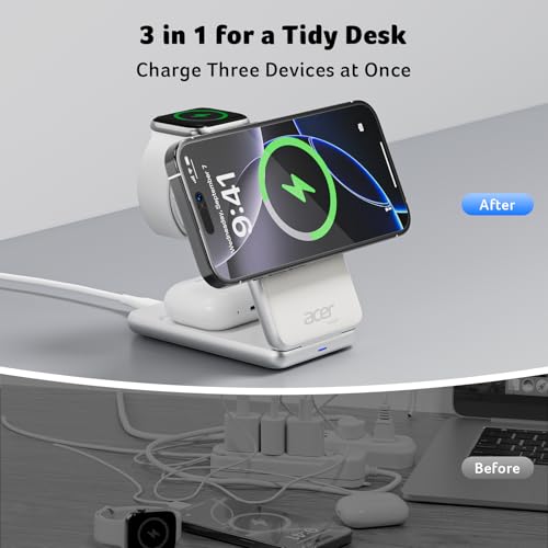 Acer 3 in 1 Charging Station for iPhone, Wireless Charger Stand,15W Fast MagSafe Charger for iPhone 17 16 15 14 13 12 Series-Apple Watch 11 10 9 8 7 6 5 4 3 2 SE and Ultra Series-Airpods 4 3 2 Pro - color: S3-White