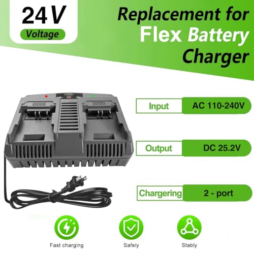 DTK 24V 3A Dual Charger Compatible with Flex 24V Charger Lithium Batteries Rapid Ultra Turbo Battery Charger