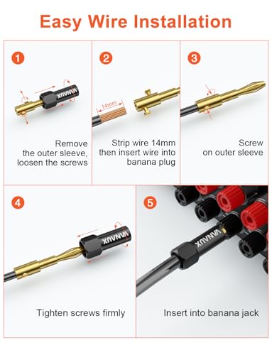 VANAUX Banana Plugs (Closed Dual Screw) - Gold Plated Speaker Plugs Connector for Speaker Wire, Amplifier, Receiver, Banana Wall Plate-Black (2 Pairs/4 Pieces) - style: 2 pairs/4 pieces
