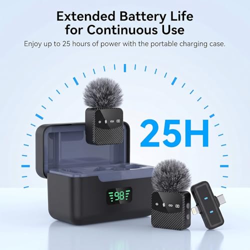 Wireless Lavalier Microphone, Mini Compact Lapel Mic with Magnetic Clip & Charging Case, 25H Long Battery Life, Noise Reduction, Dual Interface for iPhone Android Video Recording Vlogging Podcast