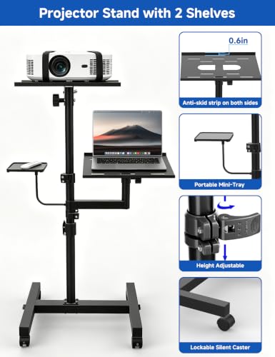 KOOV 2 Shelves Projector Stand, Max 47" Height Adjustable | Mobile Cart on Wheels, Projector Tripod Stand, Rolling Laptop Floor Stand, For Couch - size: 47inch