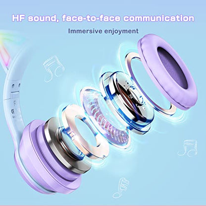 Bluetooth RGB Cat Ear Headphones, Foldable/Built-in Mic, A Purple | Wireless/wired, clear Hi-Fi sound, breathing lights, for kids/adults/girls/school/gaming, works with phone/laptop/PC/tablet - color: Gradient Purple
