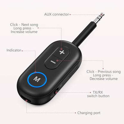 LOFICOPER Bluetooth 5.3 Transmitter Receiver, 3.5mm Aux Adapter, 33ft Range | Hands-Free Driving, 14H Battery Life in RX, Low Latency, Stable Connection, for Airplane, Car, Headphones, Home Stereo, TV - color: Black