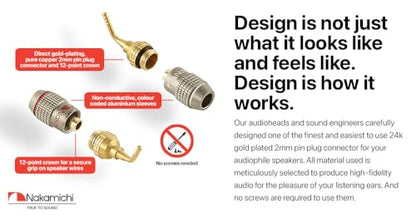 Nakamichi FanLock Excel Series 24K Gold Plated 2mm Pin Plugs, 10-18 AWG | Gauge Size 4mm for Spring Clip Terminal Speakers Amplifier Hi-Fi Audio Wire Cable Quick Connector Banana, 12 Pcs (6-Pairs) - size: 12 Pcs (6-Pairs)
