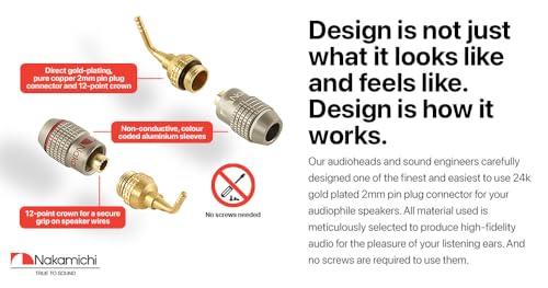 Nakamichi FanLock Excel Series 24K Gold Plated 2mm Pin Plugs, 10-18 AWG | Gauge Size 4mm for Spring Clip Terminal Speakers Amplifier Hi-Fi Audio Wire Cable Quick Connector Banana, 2 Pcs (1-Pair) - size: 2 Pcs (1-Pair)