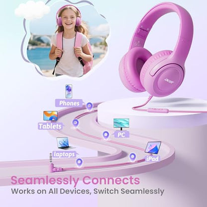 Acer Kids Headphones for School, 85-94dB Limiter, 3.5mm Jack, w/Mic HK03 | Foldable Wired Over Ear Headphones, for Toddler School/Travel/iPad/Tablet, Pink-Gradient - color: Pink Gradient