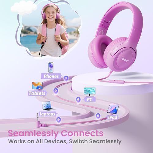 Acer Kids Headphones for School, 85-94dB Limiter, 3.5mm Jack, w/Mic HK03 | Foldable Wired Over Ear Headphones, for Toddler School/Travel/iPad/Tablet, Pink-Gradient - color: Pink Gradient