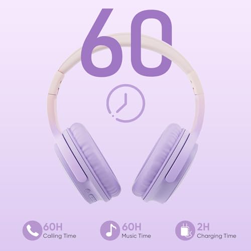 Wireless Headphones, Bluetooth Over Ear Headsets with Microphone, Hi-Fi Audio, 60H Playtime, Touch Control, Foldable Lightweight, On-Ear Headphones for Girls Women, Travel, Work, - color: Lavender Purple