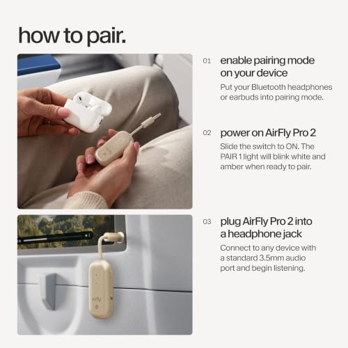 Twelve South AirFly Pro | Bluetooth Wireless Transmitter/Receiver Adapter for 2 Headphones, Audio Sharing, Compatible with 3.5mm aux Jack for Airplanes, TV, Gym, Stereo, and Travel, Gold | Bluetooth Adapter for AirPods/Headphones, 20+ Hr Battery, Works wi