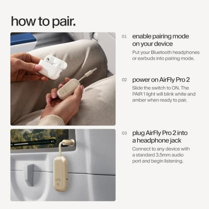 Twelve South AirFly Pro | Bluetooth Wireless Transmitter/Receiver Adapter for 2 Headphones, Audio Sharing, Compatible with 3.5mm aux Jack for Airplanes, TV, Gym, Stereo, and Travel, Gold | Bluetooth Adapter for AirPods/Headphones, 20+ Hr Battery, Works wi