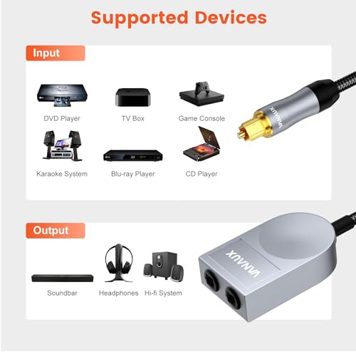 Optical Splitter 1 in 2 Out Fiber Optic Digital Audio Cable Toslink S/PDIF 1 Male Input 2 Female Output Support LPCM2.0, Dolby Digital, DTS 5.1 for TV,Home Theater,Sound Bar,Game Console(1.6ft/0.5m) - size: 1.6 ft