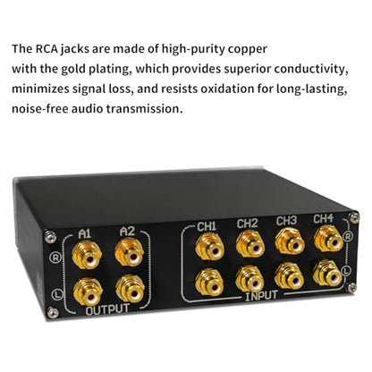 Hi-Fi Passive RCA Stereo Audio Switch Box 4 in 2 Out with Gold Jacks | Connect 4 devices IN to 2 OUT. Gold-plated jacks for pure sound. Solid aluminum case, no power supply. Perfect for Hi-Fi.