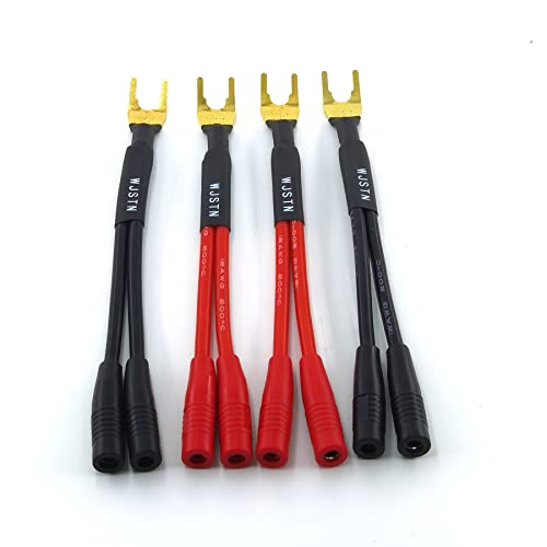 WJSTN-012 3-in Spade Plug to Two Dual 4mm Banana Plug Audio Cable adapters ，45 Degree Type Y Plug Speaker distributors 4-Pack