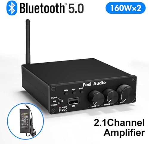 Fosi Audio BL20C Bluetooth 5.0 Stereo Audio Receiver Amplifier 320 Watts 2.1 CH Mini Hi-Fi Class D TDA7498E Integrated Amp U-Disk Player for Home Passive Speakers Powered Subwoofer(with Power Supply)