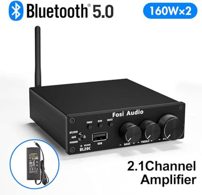 Fosi Audio BL20C Bluetooth 5.0 Stereo Audio Receiver Amplifier 320 Watts 2.1 CH Mini Hi-Fi Class D TDA7498E Integrated Amp U-Disk Player for Home Passive Speakers Powered Subwoofer(with Power Supply)