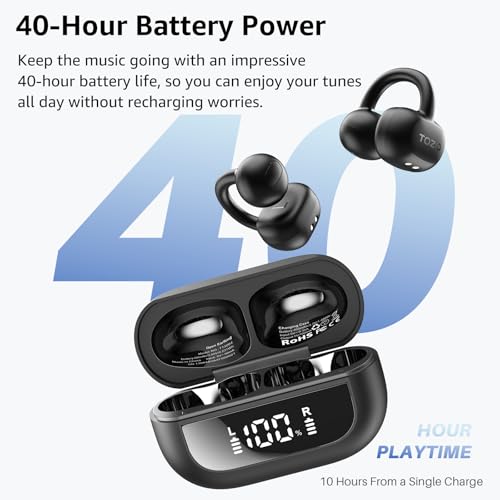 TOZO OpenEarRing Open Ear Earbuds 40H Bluetooth 5.4 Lightweight Comfort | Open Ear Clip On Wireless Earbuds with Smart Digital LED Display, Stable Connection, Secure Fit for Driving Workout Black - color: Black