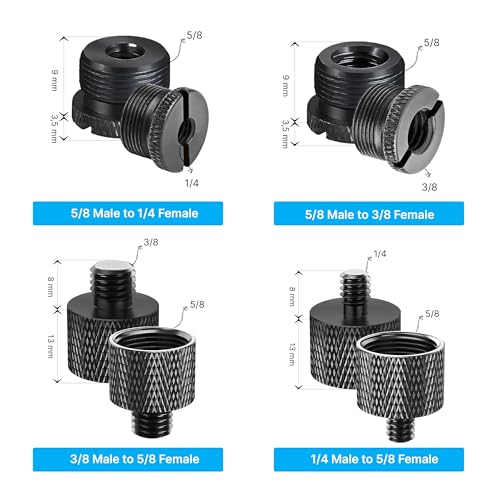 Mic Stand Adapter Set - 8 Piece Metal Mic Stand Adapter Kit - 3/8 to 5/8 & 1/4 to 5/8 Female to Male Thread Adapter - Boom Arm Adapter (2) - color: Black