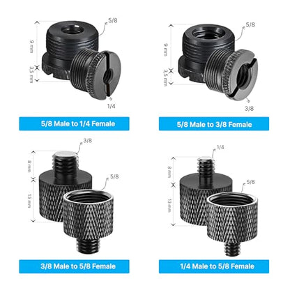 Mic Stand Adapter Set - 8 Piece Metal Mic Stand Adapter Kit - 3/8 to 5/8 & 1/4 to 5/8 Female to Male Thread Adapter - Boom Arm Adapter (2) - color: Black