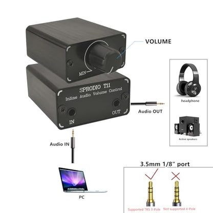 SPRODIO 3.5mm Audio Volume Controller, line Volume Control Box, 1/8" aux Mini Inline attenuator knob -T11