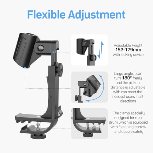 2 Pack Adjustable Drum Microphone Clips | Rim-Mount Mic Clips Position Microphones Without a Floor Stand, Check Drum Rim and Microphone Fit Before Purchase