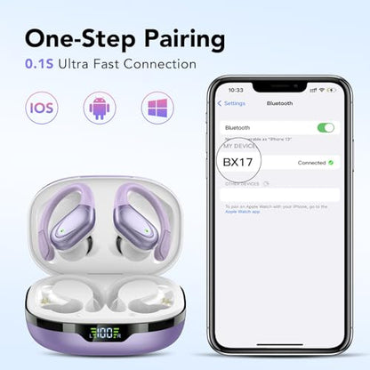 Ear buds Wireless Earbuds Bluetooth 5.3 Headphones 60hrs Playtime with Digital Display Sports Wireless Headphones with Earhook Deep Bass IPX7 Waterproof Over-Ear Earbuds for Android iOS Workout Purple - color: Purple