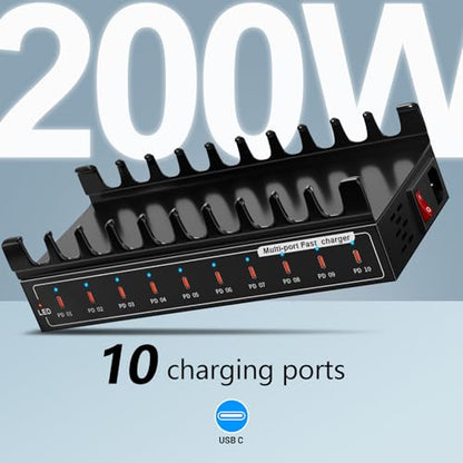 200W USB C Charging Station 10-Port Fast Charger for Multiple Devices, PD/QC Desktop Charging Hub for MacBook iPhone iPad Phones