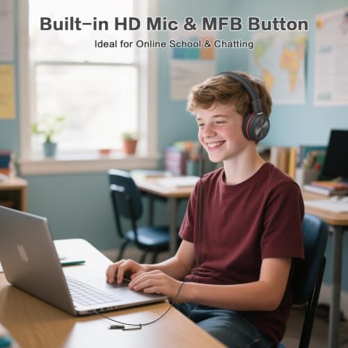 SIMOLIO Wired Headphones for Kids with Mic, USB C & 3.5mm, Safe Volume, Share Port & Pouch, Kids Headphones w/Passive Noise Cancelling, Foldable Headsets for School Airplane Travel iPad (Black) - color: Midnight Black USB C&3.5mm