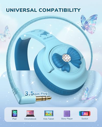 iClever C371 아동용 헤드폰 코드 포함, 남학생 여아 여행 선물 | SafeSound Tech3.0, 스테레오 사운드, 3.5mm 잭, 접이식, 내구성 있는 헤드밴드, 아동용 안전 유선 헤드폰, 파우더 블루 - color: 블루 파우더