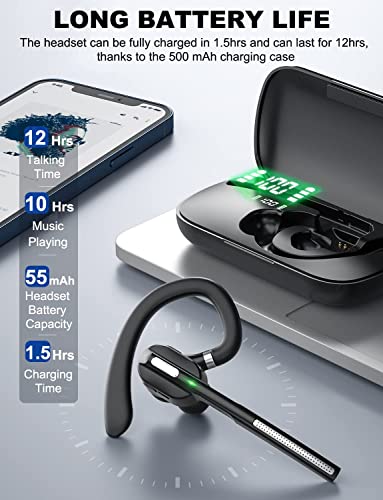 Pointcinco Bluetooth Headset V5.1, Wireless Headset with Battery Display Charging Case, Bluetooth Earpiece with Noise Canceling Mic for Driving, Office, Business, Compatible with Cell Phone and PC