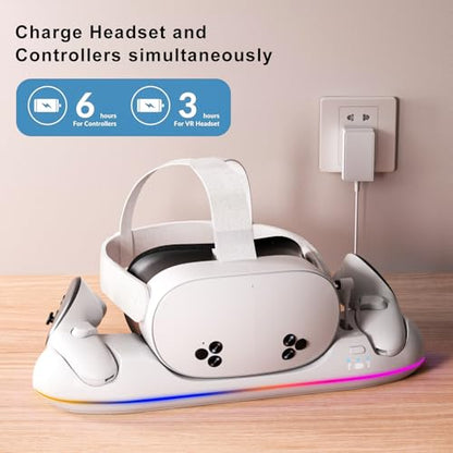 GearSpire 30W Fast Charging Dock Station for Quest 2/3/3S, White RGB LED Stand with USB-C Fast Charging, Controller Charger, VR Headset Accessories30