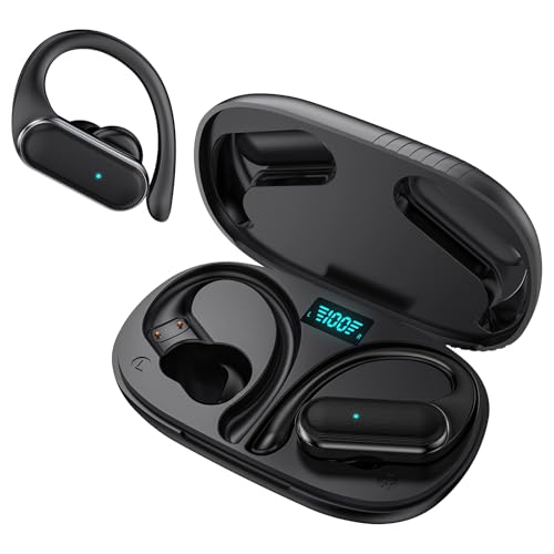 Wireless Sports Earbuds with Ear Hooks & 80H Playtime | IPX7 Waterproof, Bluetooth 5.4, LED Digital Display, 10mm Bass Drivers, Secure Fit Workout Earphones for Fitness & Gym