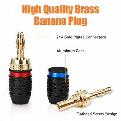 2Pcs Gold Plated Banana Plugs, Speaker Wire Connectors, Easy Installation, Quick Connect for Audio Video Amplifiers and Speaker Cables, Red & Blue