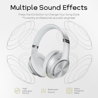 DOQAUS Bluetooth Headphones Over Ear, 90H Playtime, 3EQ Mode, with ENC Mic | Hifi Stereo Sound, Lightweight, Headphones Wireless with Soft Memory Foam Earpads, Deep Bass for Home Office Cellphone PC - color: Sliver